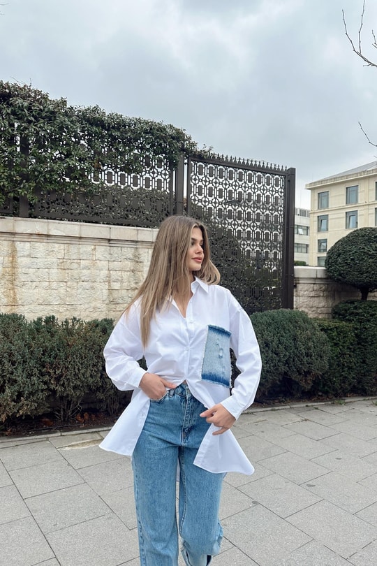 Denim Match Poplin Gömlek Beyaz