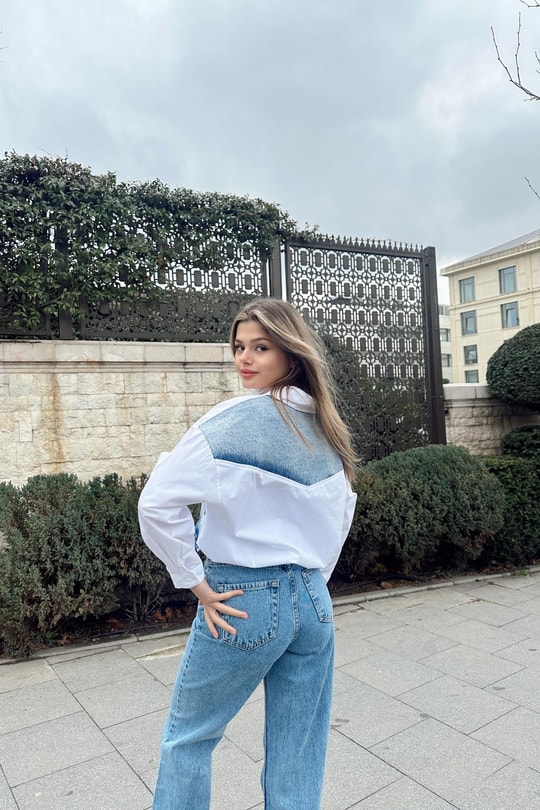 Denim Match Poplin Gömlek Beyaz
