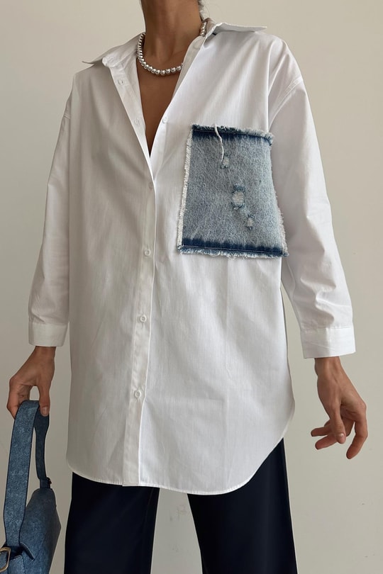Denim Match Poplin Gömlek Beyaz