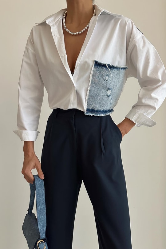Denim Match Poplin Gömlek Beyaz