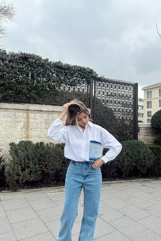 Denim Match Poplin Gömlek Beyaz