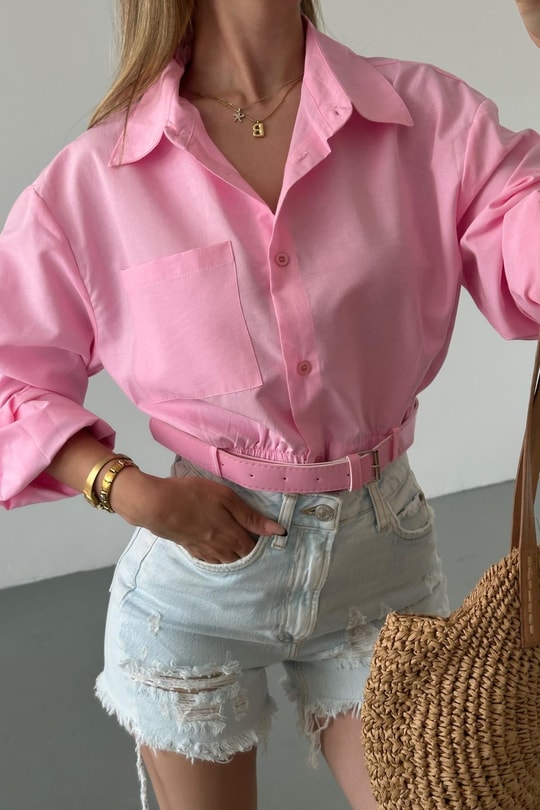 Deri Kemerli Crop Gömlek Pembe