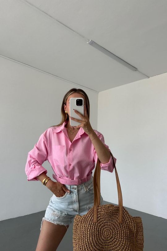 Deri Kemerli Crop Gömlek Pembe