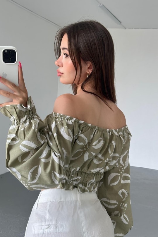 Desenli Crop Bluz Çağla Yeşili