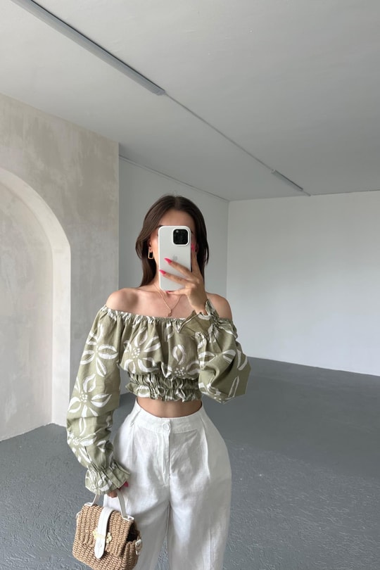 Desenli Crop Bluz Çağla Yeşili