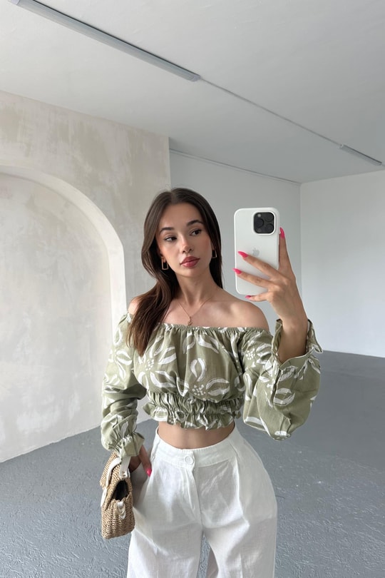 Desenli Crop Bluz Çağla Yeşili