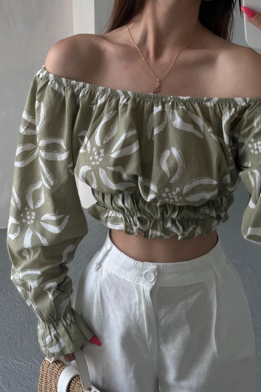 Desenli Crop Bluz Çağla Yeşili