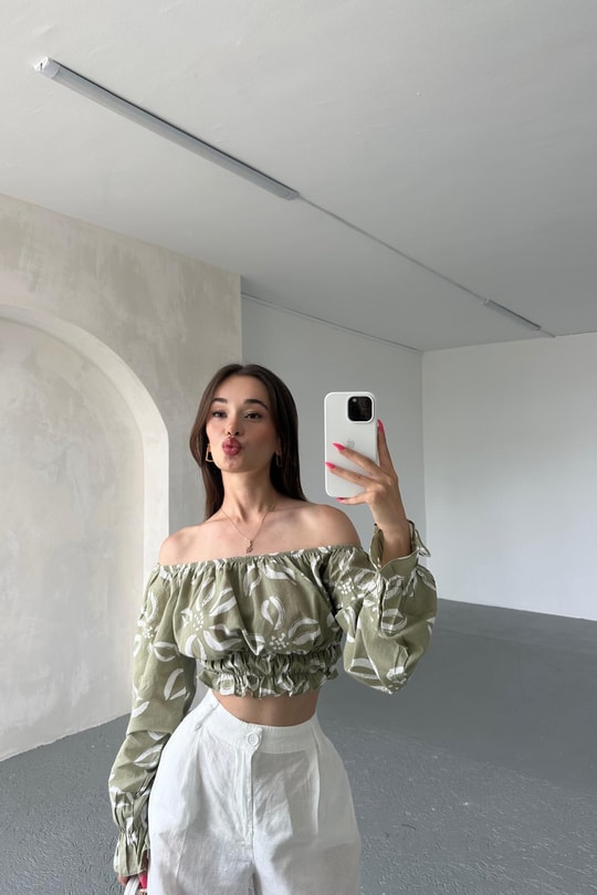 Desenli Crop Bluz Çağla Yeşili