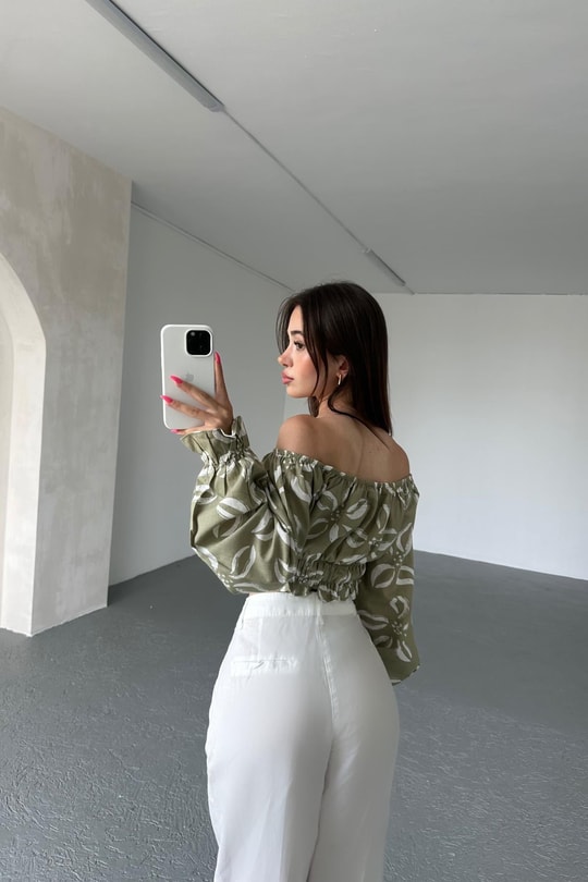 Desenli Crop Bluz Çağla Yeşili