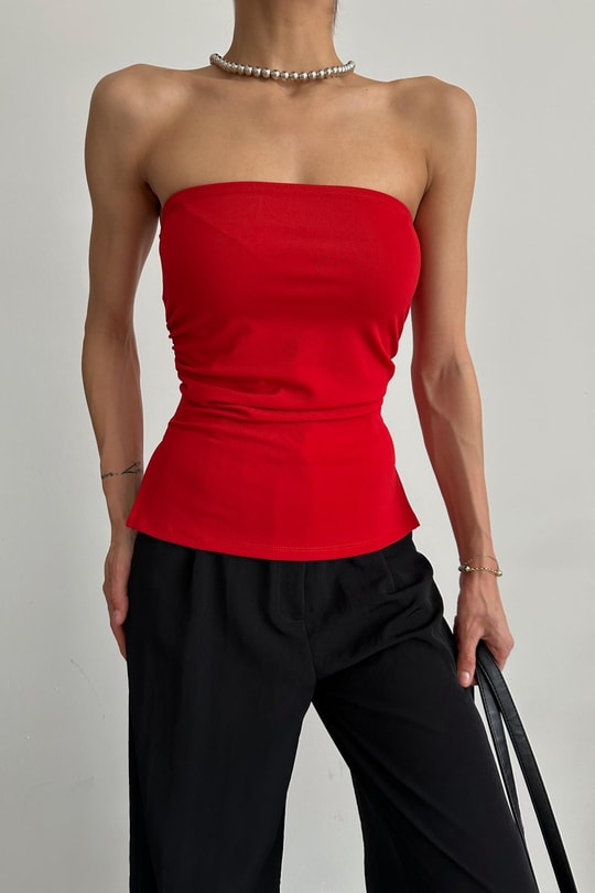 Drape Detay Straplez Bluz Kırmızı