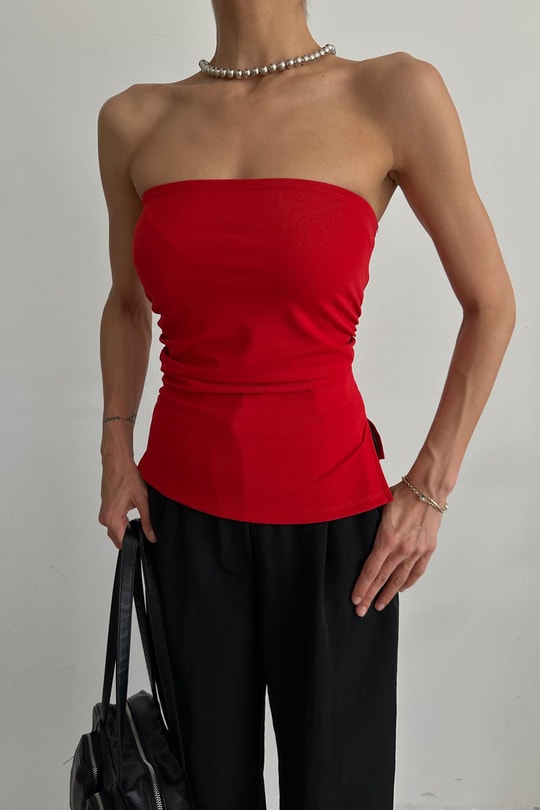 Drape Detay Straplez Bluz Kırmızı