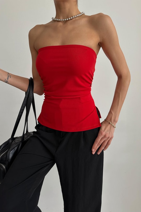 Drape Detay Straplez Bluz Kırmızı