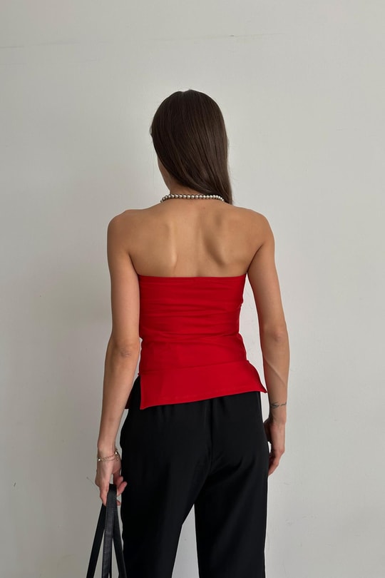 Drape Detay Straplez Bluz Kırmızı