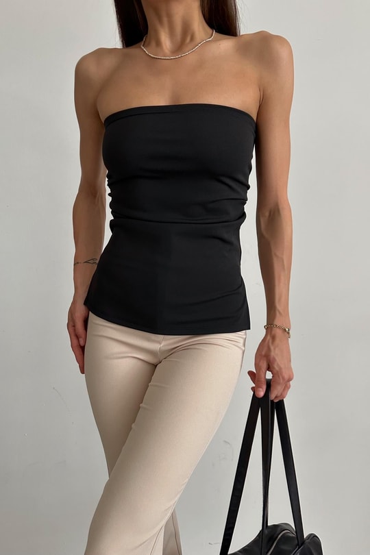 Drape Detay Straplez Bluz Siyah
