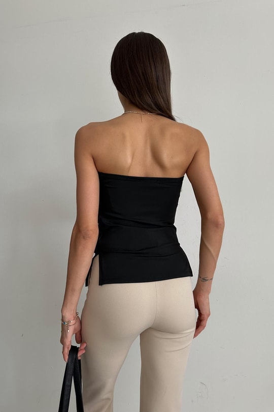 Drape Detay Straplez Bluz Siyah