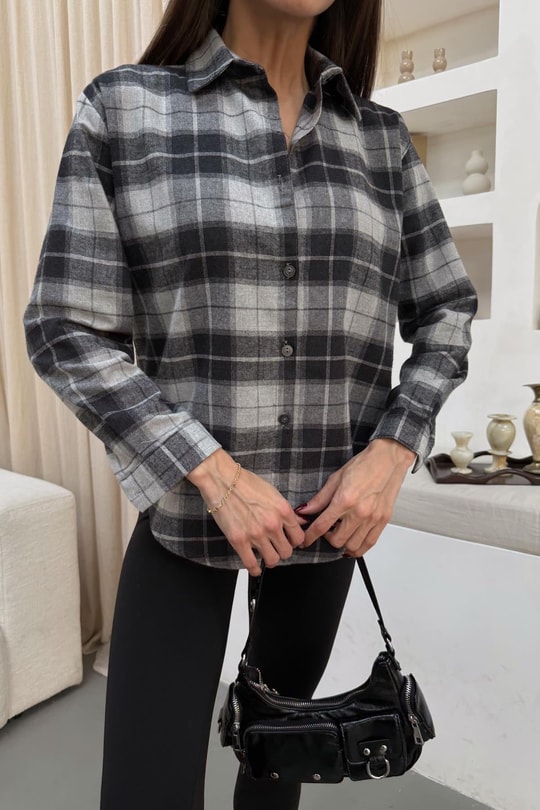 Ekose Desen Oversize Gömlek Antrasit