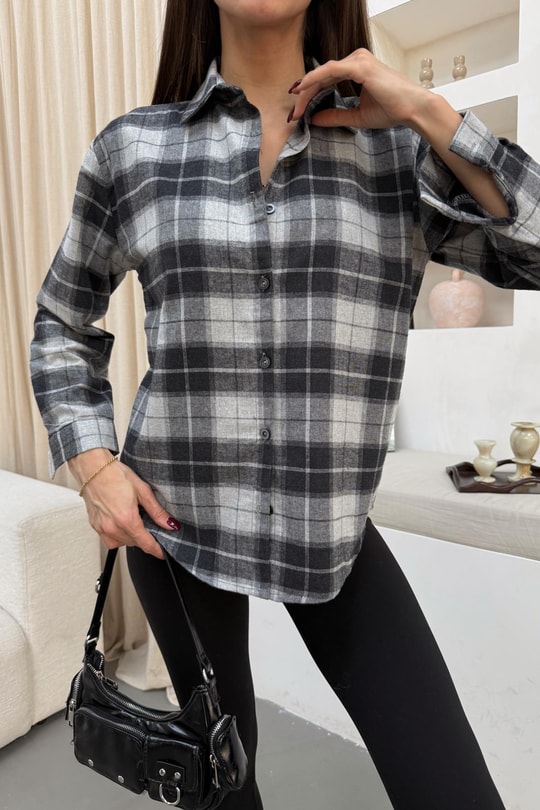 Ekose Desen Oversize Gömlek Antrasit