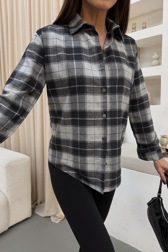 Ekose Desen Oversize Gömlek Antrasit