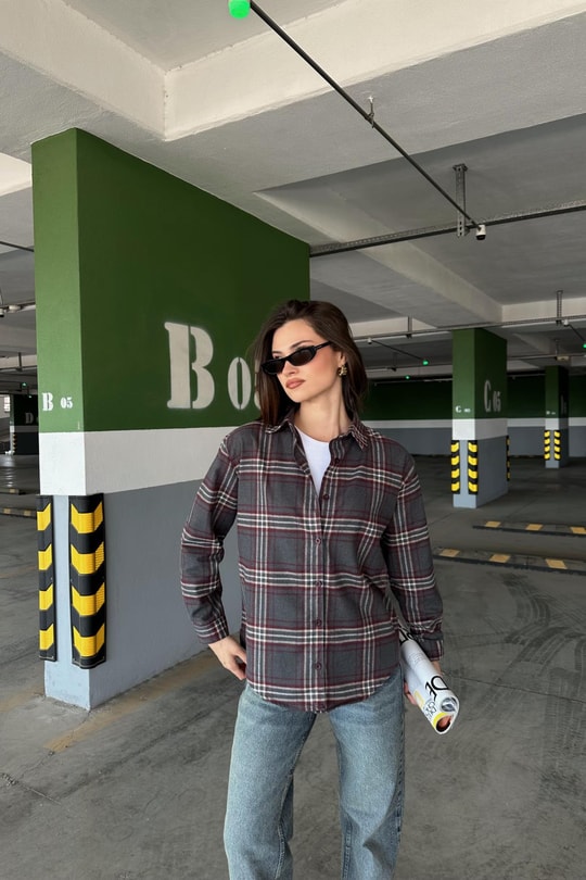 Ekose Desen Oversize Gömlek Bordo
