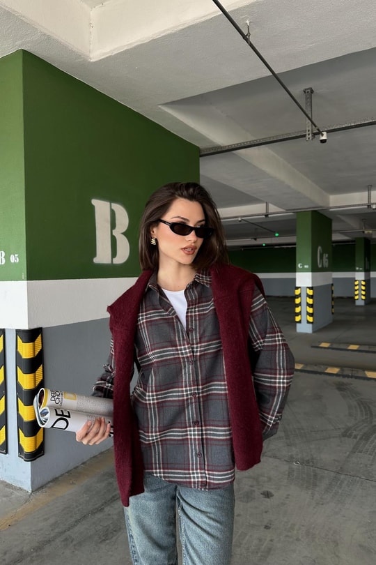Ekose Desen Oversize Gömlek Bordo
