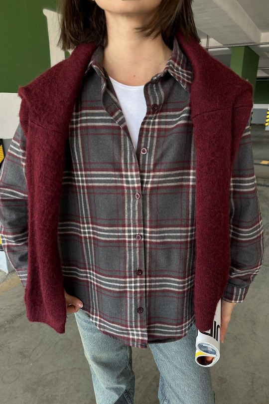 Ekose Desen Oversize Gömlek Bordo