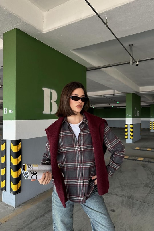 Ekose Desen Oversize Gömlek Bordo