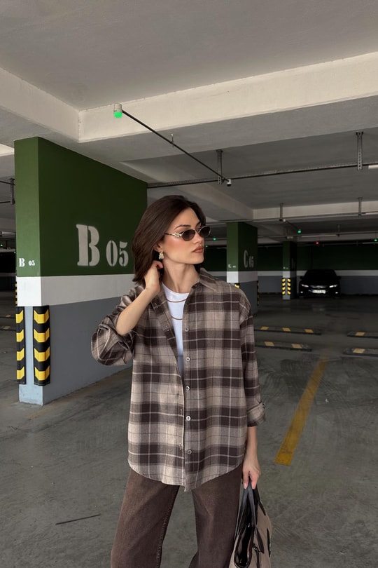 Ekose Desen Oversize Gömlek Kahve