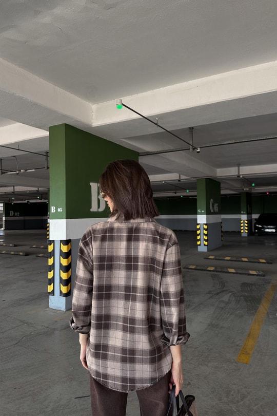 Ekose Desen Oversize Gömlek Kahve