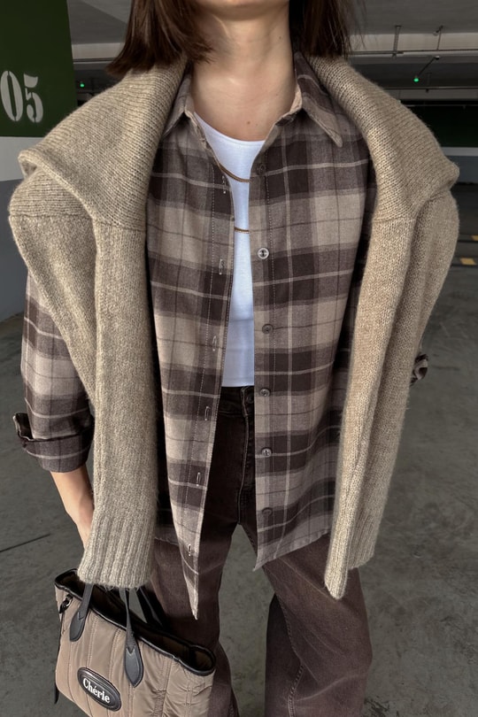 Ekose Desen Oversize Gömlek Kahve