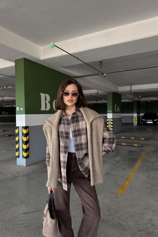 Ekose Desen Oversize Gömlek Kahve
