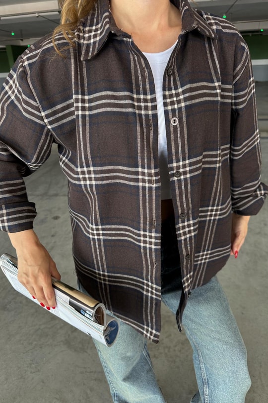 Ekose Desen Oversize Gömlek Lacivert