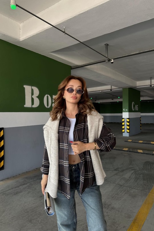 Ekose Desen Oversize Gömlek Lacivert