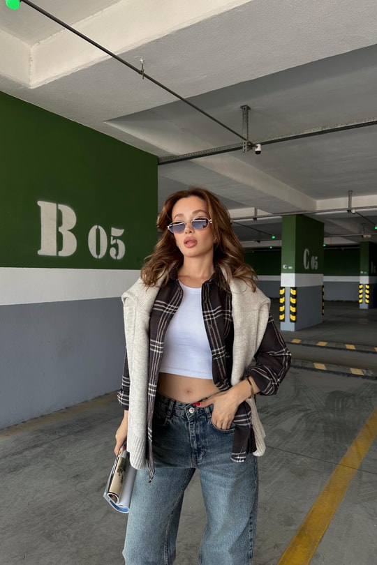 Ekose Desen Oversize Gömlek Lacivert