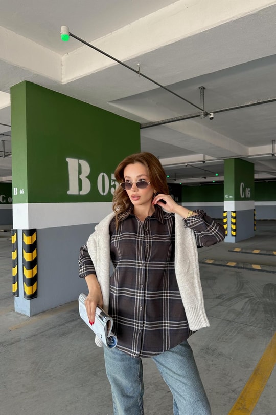 Ekose Desen Oversize Gömlek Lacivert