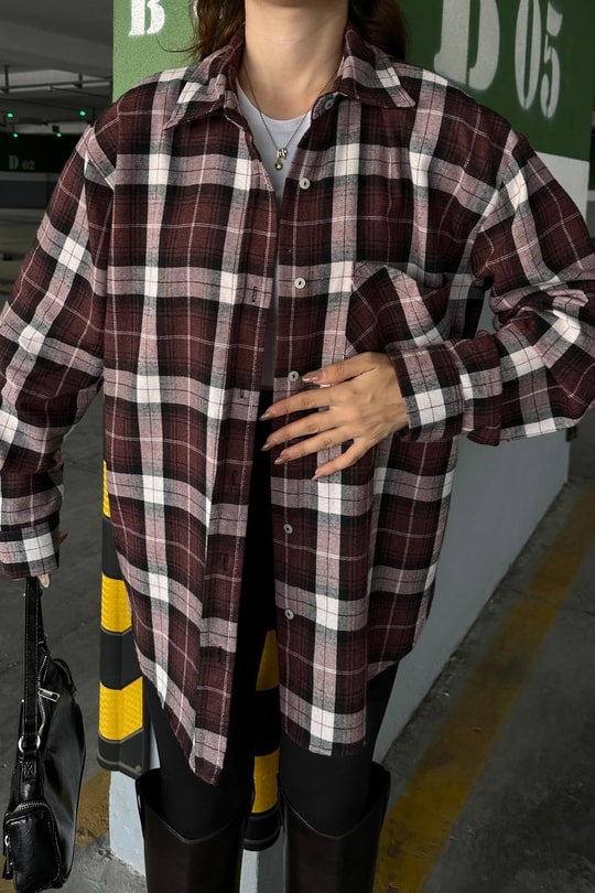 Ekose Tek Cepli Gömlek Bordo
