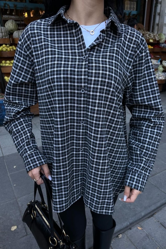 Ekoseli Oversize Oduncu Gömlek Füme