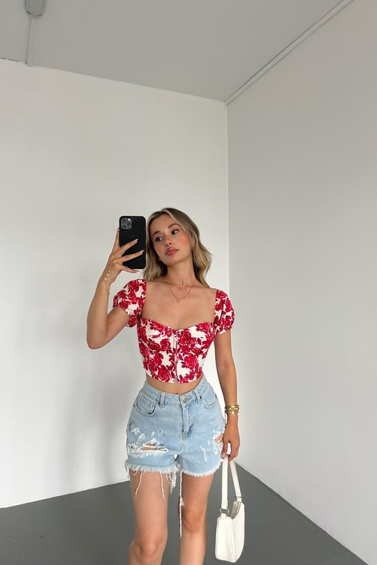 Flowers Crop Bluz Kırmızı