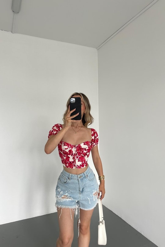 Flowers Crop Bluz Kırmızı