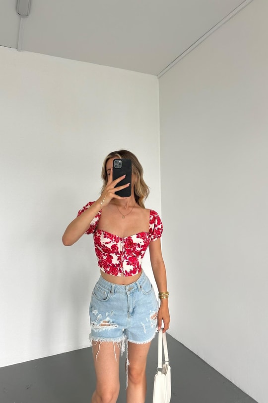 Flowers Crop Bluz Kırmızı