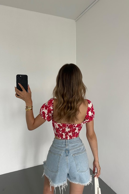 Flowers Crop Bluz Kırmızı