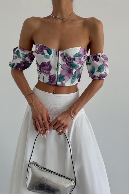 Flowers Crop Bluz Lila