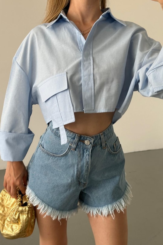 Gizli Pat Detay Crop Gömlek Mavi