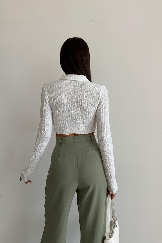 Gofre Asimetrik Crop Gömlek Beyaz