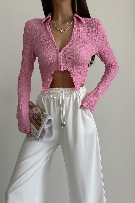 Gofre Asimetrik Crop Gömlek Pembe