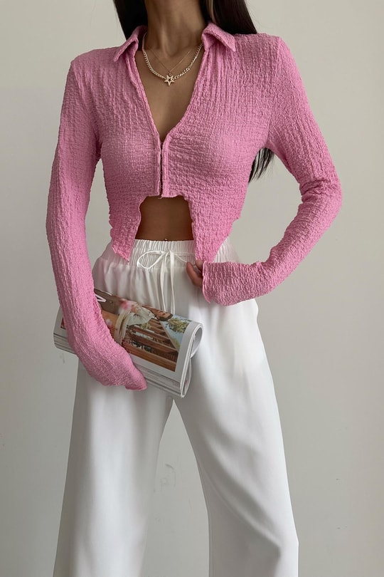 Gofre Asimetrik Crop Gömlek Pembe