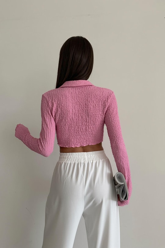 Gofre Asimetrik Crop Gömlek Pembe