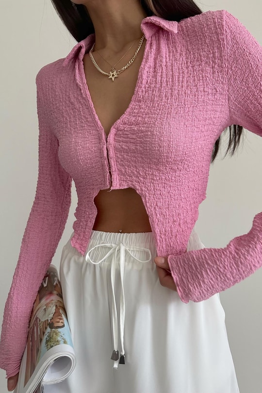 Gofre Asimetrik Crop Gömlek Pembe