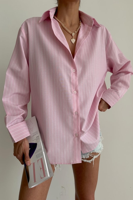 İnce Çizgili Oversize Gömlek Pembe