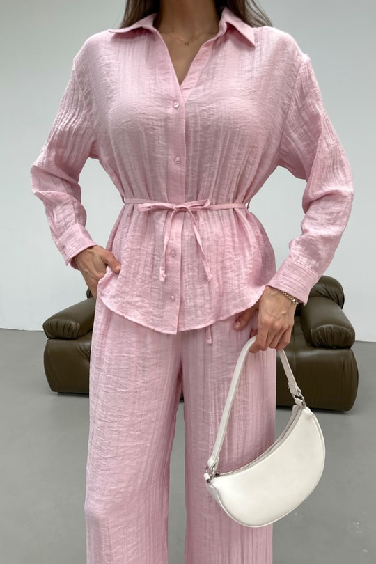 İp Kemerli Dokulu Gömlek Pembe