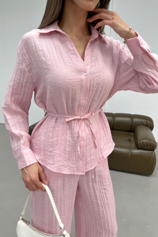 İp Kemerli Dokulu Gömlek Pembe